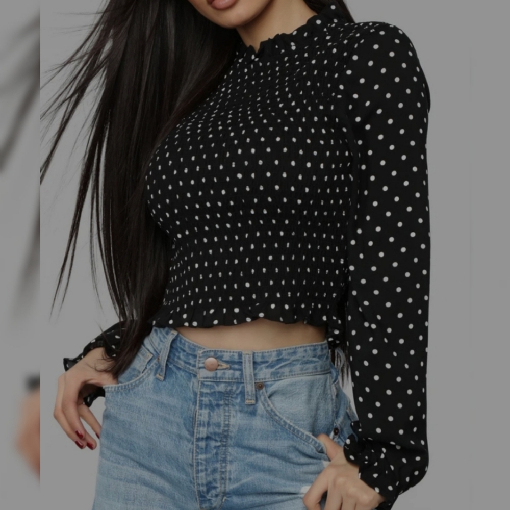 Black and white polka dot smock top